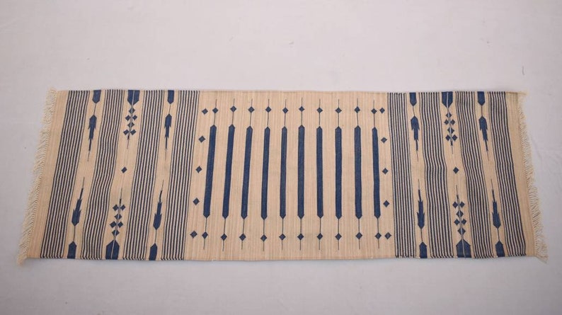 Multiple Sizes Cotton Beige and Blue Modern Stripes Runner Rug Woven Kilim Rug image 2