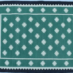 Green Woven Cotton Handmade Modern Star Pattern Rug- Flat weave and Hand woven Kilim Rug