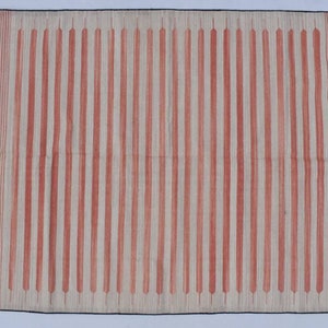 Rustic Beige and Red Cotton Handmade Modern Stripes Rug- With Black Border Bending Flat weave and Hand woven Kilim Rug