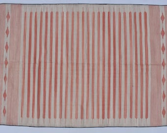 Rustic Beige and Red Cotton Handmade Modern Stripes Rug- With Black Border Bending Flat weave and Hand woven Kilim Rug