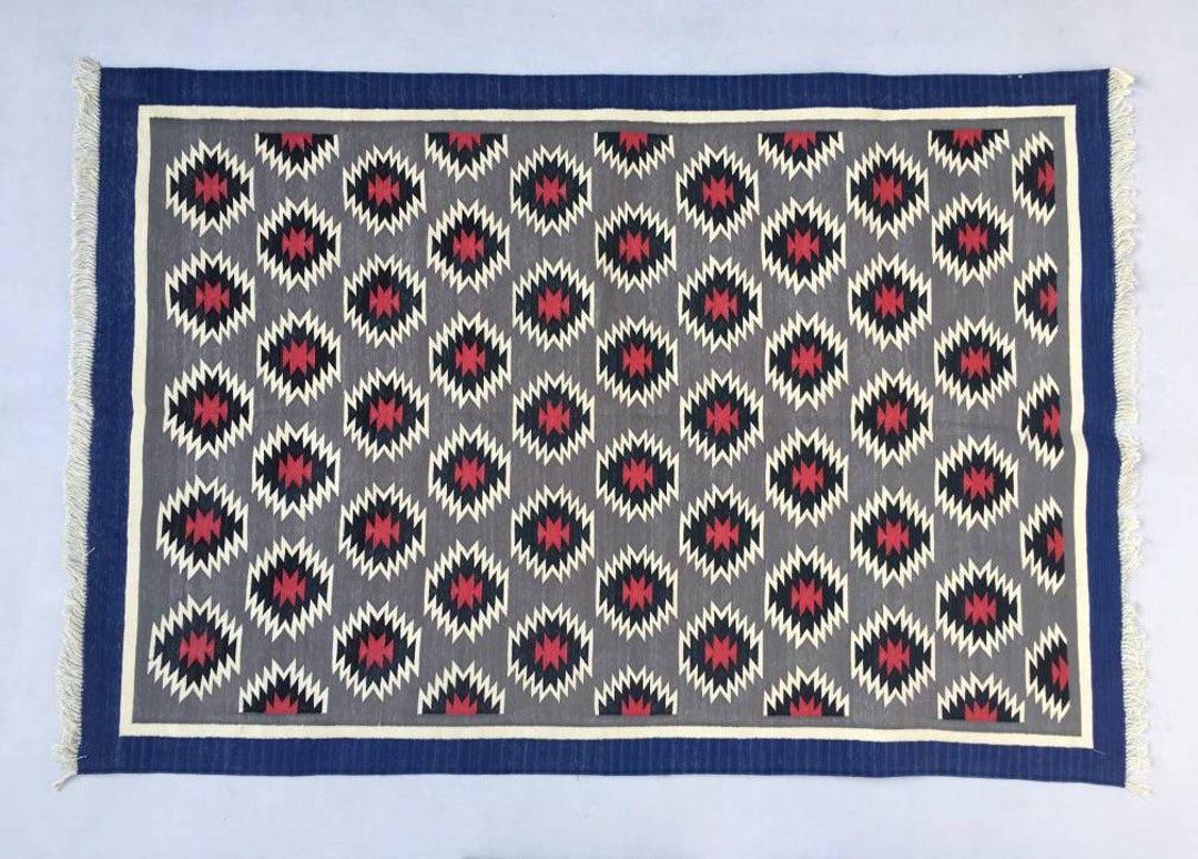 Multiple Sizes Grey,red,black and Blue Cotton Rug Dhurrie Hand Woven Rug Etsy