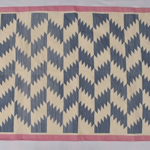 Blue and Off White With Pink Border Cotton Handmade Modern Rug- Flat weave and Hand woven Kilim Rug