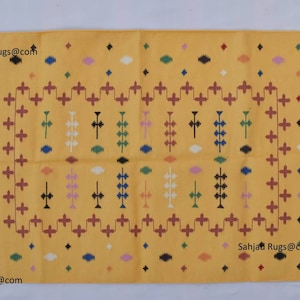 3x5,4x6 Cotton Yellow Hand Woven Rug dhurrie- Flat weave Kilim Indian Rug
