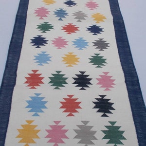 May include: A white runner rug with a navy blue border. The rug features a repeating pattern of colorful geometric stars.