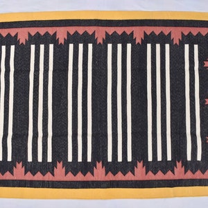 Multiple Sizee Black and Yellow Cotton Handmade Modern Stripes Rug- Flat weave and Hand woven Kilim Rug