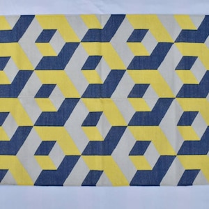 3x5 Cotton Blue and Yellow Hand woven Dhurrie Rug- Carpet Design Kilim Rug
