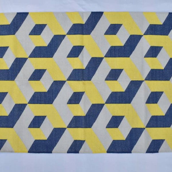 3x5 Cotton Blue and Yellow Hand woven Dhurrie Rug- Carpet Design Kilim Rug