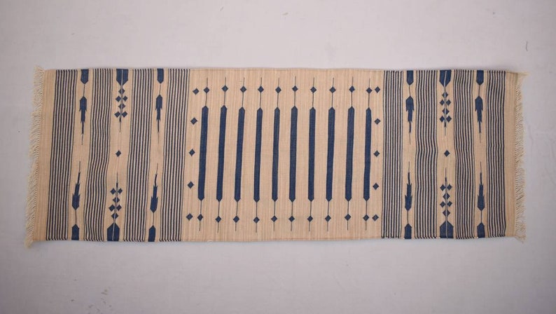 Multiple Sizes Cotton Beige and Blue Modern Stripes Runner Rug Woven Kilim Rug image 1