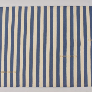 Multiple Sizes Light Blue and white Cotton Handmade Modern Simple Stripes Rug- Flat weave and Hand woven Kilim Rug