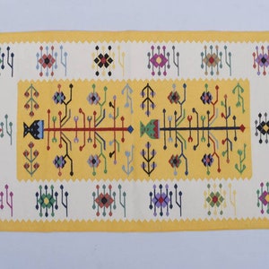 4x6 Cotton Yellow and White Rug - Premium design Hand woven Reversible Dhurrie Rug Kilim