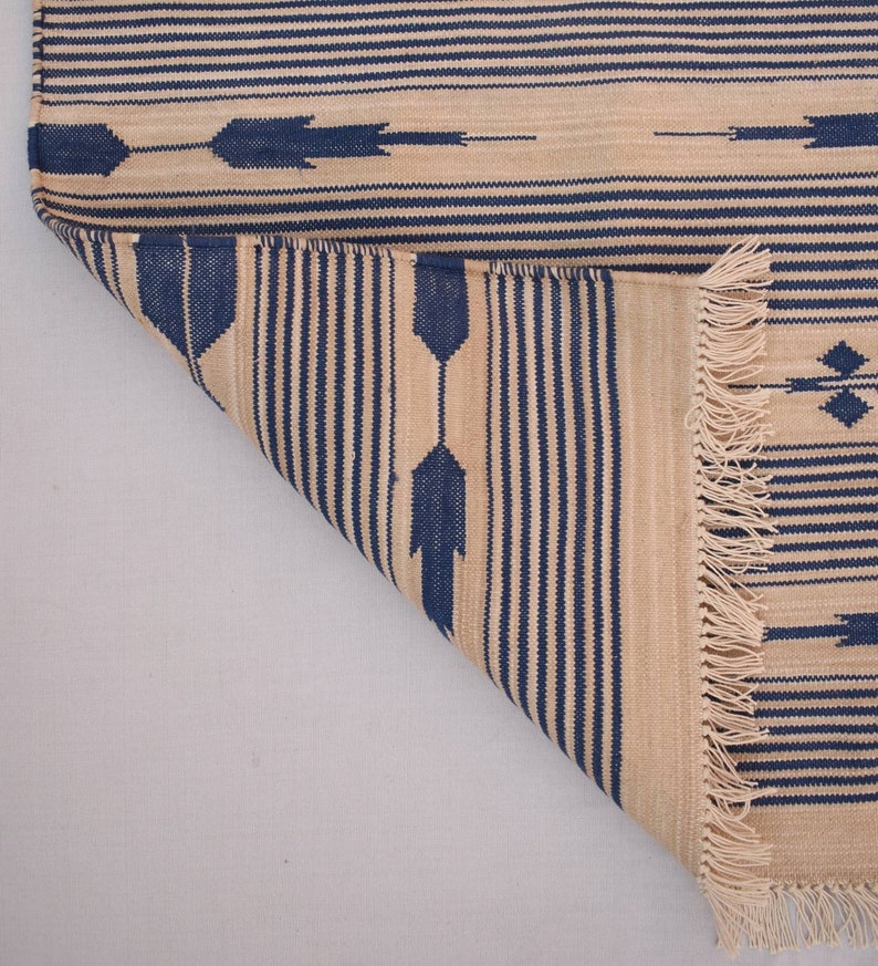 Multiple Sizes Cotton Beige and Blue Modern Stripes Runner Rug Woven Kilim Rug image 4