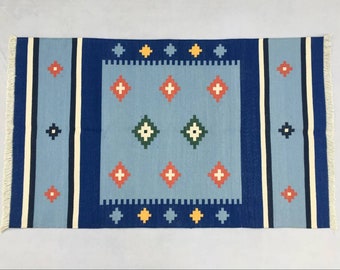 Tapete Dhurrie de algodão feito à mão – Tapete de área tecido azul