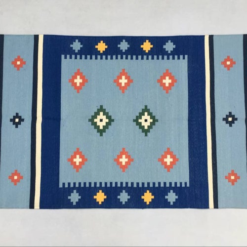 3'X5' Or 4'X6' Cotton Blue Handmade shops Cotton Rug Dhurrie- Beautiful Colour Woven Rug