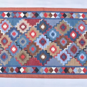 3x5 Cotton Colourful Hand woven Dhurrie Rug- Carpet Design Kilim Rug