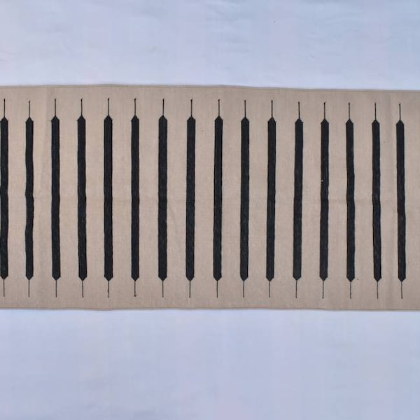 Handwoven Cotton Kilim Rug Runner – Beige & Black Striped Design