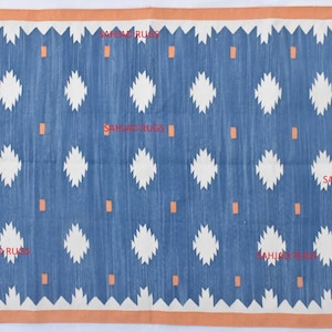 Multiple Sizes Rustic Blue and Orange Cotton Handmade Modern Rug- Flat weave and Hand woven Kilim Rug