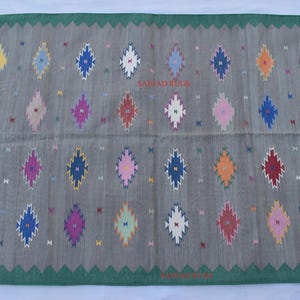 4x6 Ft. Cotton Green Border And Grey Hand woven Rug Dhurrie-120 CM x 180 CM.Handmade Indian Rug