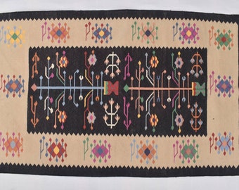 Handwoven Cotton Dhurrie Rug – Black and Beige Kilim, 3x5