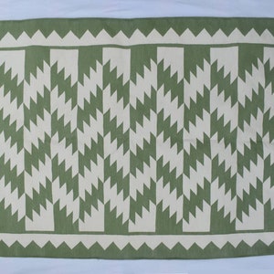Green And white Cotton Handmade Modern Rug- Flat weave and Hand woven Kilim Rug