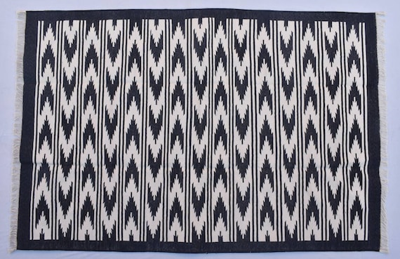 Black And White Cotton Handmade Modern Rug- Flat weave and Hand woven Kilim Rug