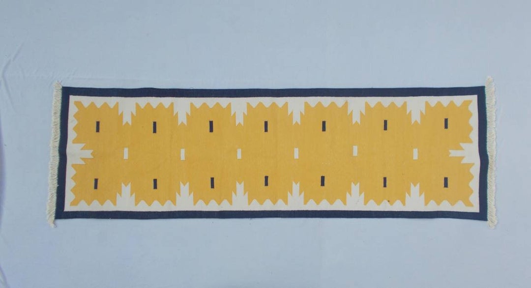 Multiple Sizes Yellow Runner Rug Navy Blue Border and White Etsy