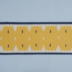 Multiple Sizes Yellow Runner Rug - Navy Blue Border and white Cotton Flat weave Hand woven rug