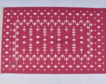 Hand Woven Cotton Dhurrie Rug, Dark Pink and White Kilim, Indian Rug