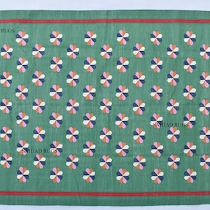Multiple Sizes Green Cotton Handmade Flower Design Rug- Flat weave and Hand woven Kilim Rug