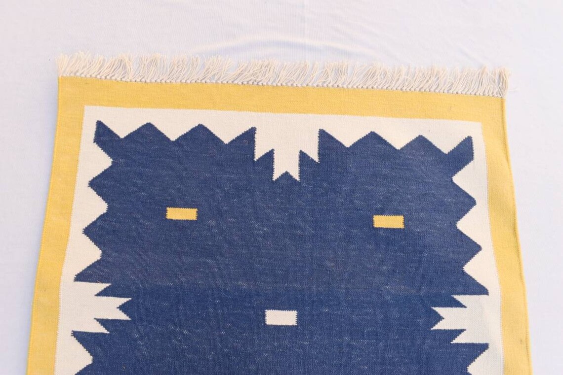Blue and Yellow Modern Cotton Runner Rug Hand woven Runner Etsy