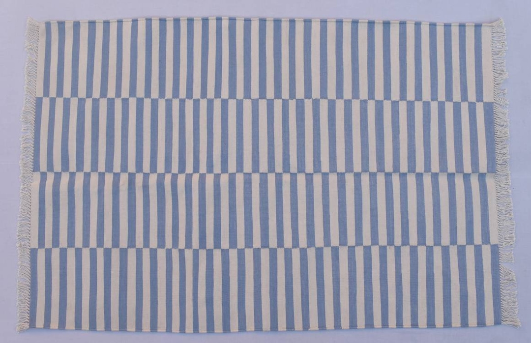 Light Blue & White Cotton Handmade Modern Stripes Rug Flat Weave and