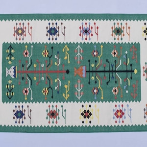 4x6 Cotton Dark Green and White Rug - Premium design Hand woven Reversible Dhurrie Rug Kilim