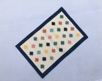 2' X 3' Small Size Colorful Cotton Rug, Blue Border Hand Woven 60*90 CM Rug.