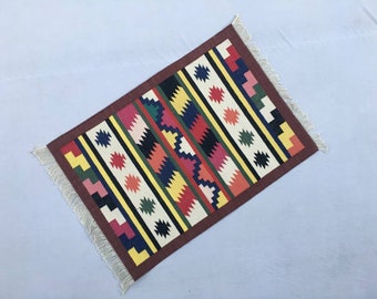 2' X 3' Small Size Colourful Cotton Rug With Brown Border Hand Woven 60*90 CM Rug.