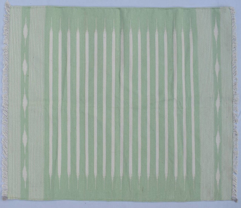 Pastel Light Green Cotton Handmade Modern Stripes Rug- Flat Weave and ...