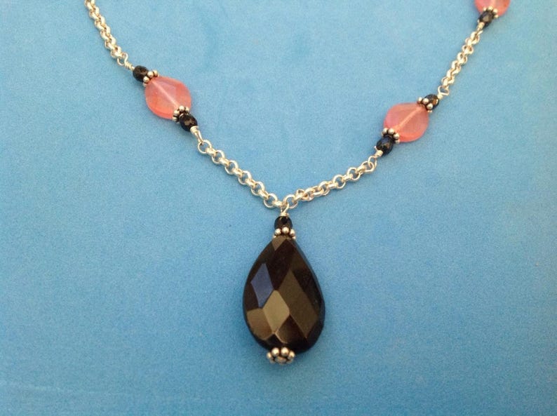 Set of pierced earrings sterling silver rose quartz onyx 17 necklace