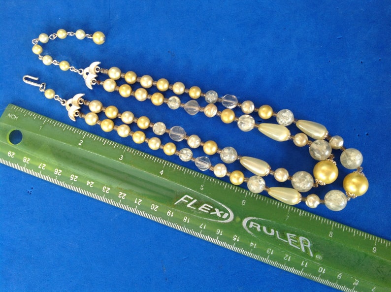pearlized /&clear plastic bead 2 strand necklace 1950/'s greenish-yellow textured Vintage