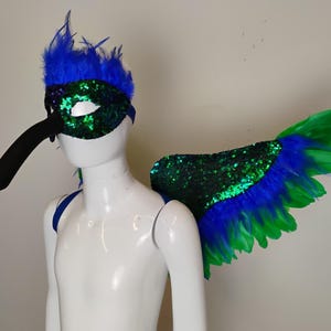 Child&#39;s Hummingbird Costume Wings & Mask: Iridescent Feather Carnival Set