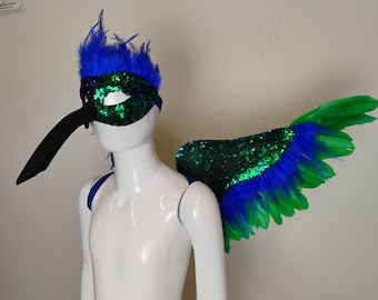 Déguisement de colibri pour enfant, ailes et masque : plumes irisées de carnaval