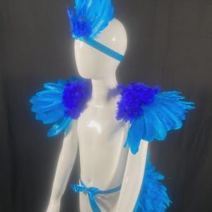 May include: A striking blue feather costume. The set features a headband, shoulder decorations, and a waist tie, all embellished with vivid blue feathers. Ideal for a performance or celebratory event.