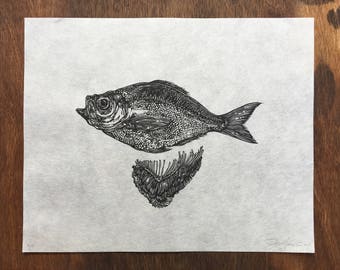 Perch and Gills Linocut Print / Fish Linoprint / Relief Print / Handmade
