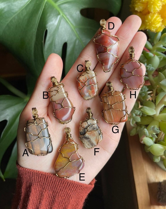 Petrified Wood Stone Necklace Natural Crystal Wire Wrapped Rock
