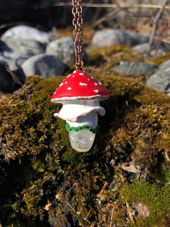 Clear Quartz Jewelry Purple Amanita Mushroom Polymer Clay Pendant With Clear Quartz Crystal Mushroom Pendant Necklace Festival Necklace
