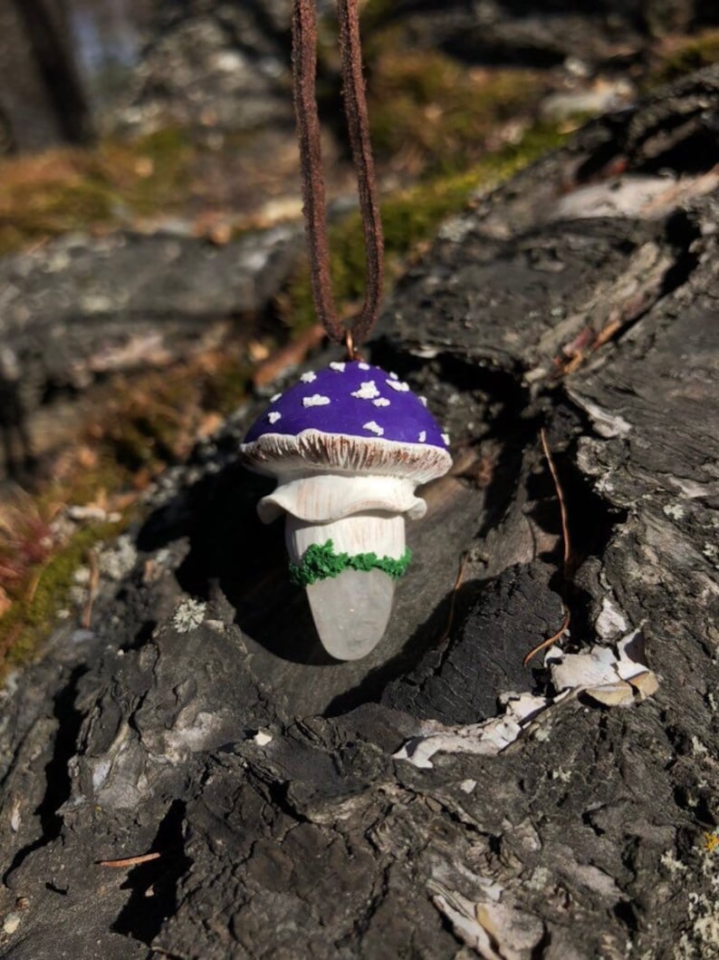 Clear Quartz Jewelry Purple Amanita Mushroom Polymer Clay Pendant With Clear Quartz Crystal Mushroom Pendant Necklace Festival Necklace