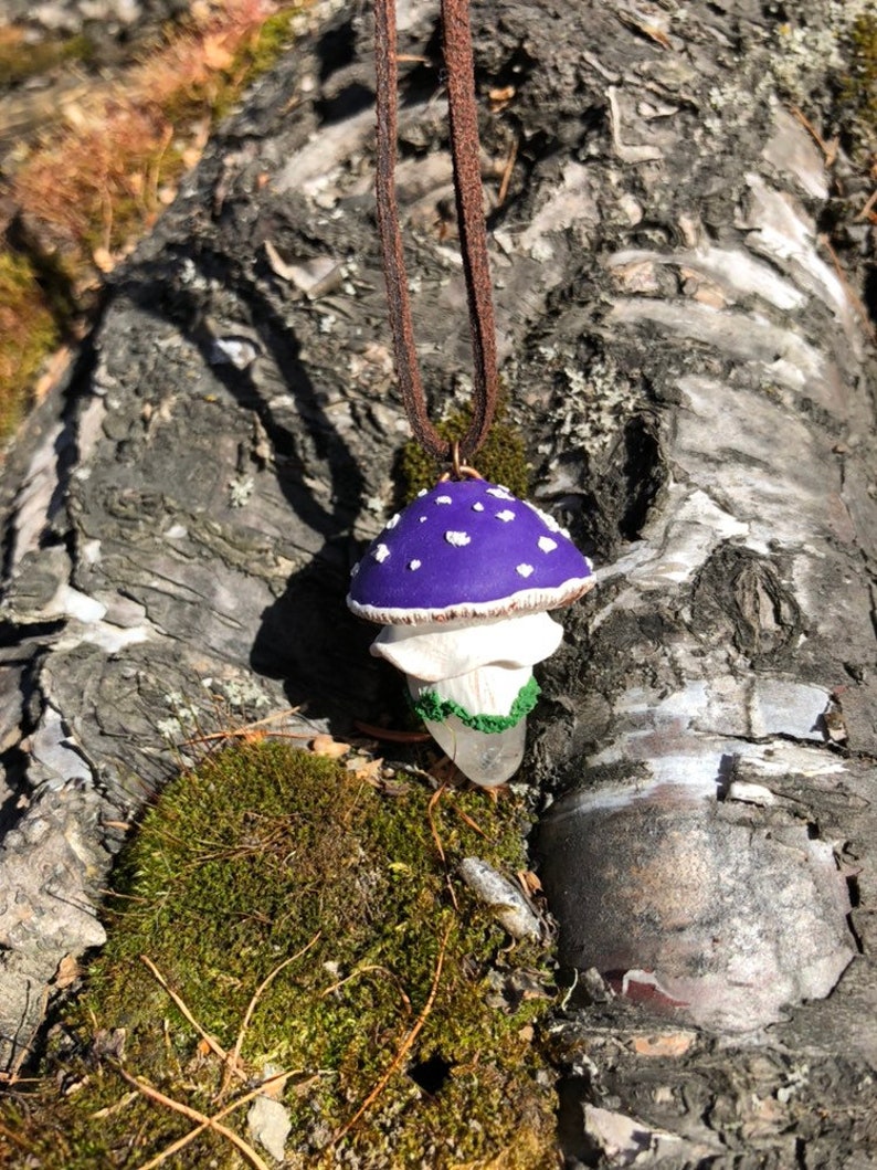 Clear Quartz Jewelry Purple Amanita Mushroom Polymer Clay Pendant With Clear Quartz Crystal Mushroom Pendant Necklace Festival Necklace