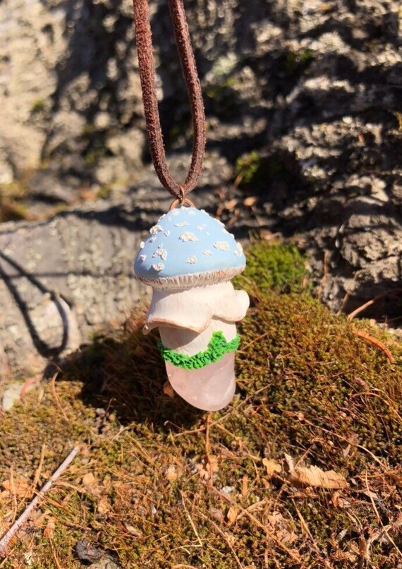 Clear Quartz Jewelry Purple Amanita Mushroom Polymer Clay Pendant With Clear Quartz Crystal Mushroom Pendant Necklace Festival Necklace