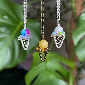 Ice Cream Cone Necklace, Crystal Necklace, Statement Jewelry, Beaded Stone Necklace, Wire Wrapped Beaded Pendant, Gift Ideas
