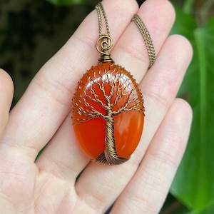 Orange Chalcedony Tree of Life Necklace, Wire Wrapped Crystal Jewelry, Orange Healing Stones, Gift Ideas, Spiritual Jewelry, Statement