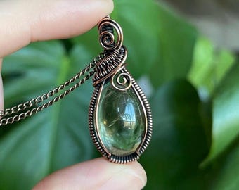 Prasiolite Necklace, Wire Wrapped Copper Jewelry, Healing Crystal Pendant, Green Amethyst Dainty Necklace, Gift Ideas For Her, Chakra Boho