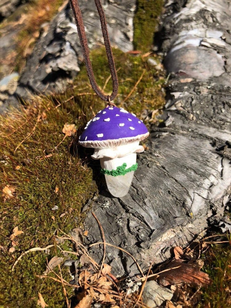 Clear Quartz Jewelry Purple Amanita Mushroom Polymer Clay Pendant With Clear Quartz Crystal Mushroom Pendant Necklace Festival Necklace