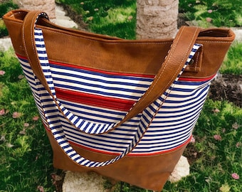 Sac à mains simili cuir et coton rayé bleu et blanc, ancres marines